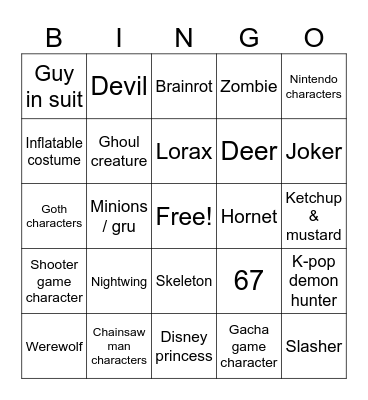 Holloween costumes Bingo Card