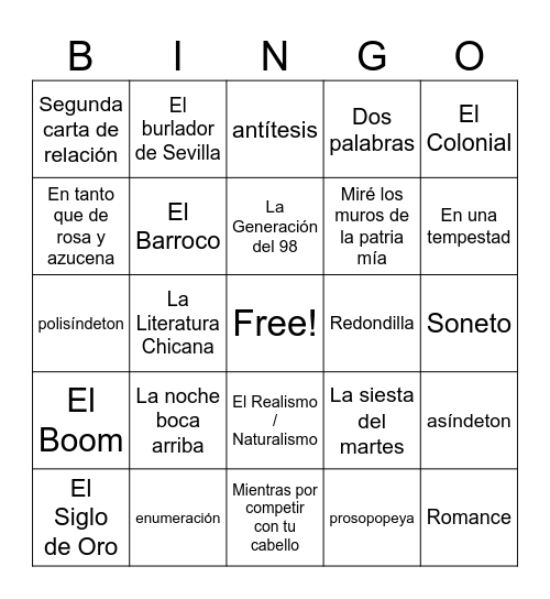 Lit: obras y movimientos Bingo Card