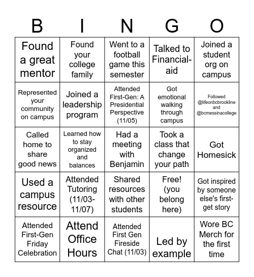 First-Gen Week Bingo Card