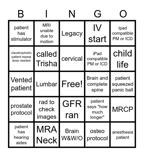 MRI Bingo Card