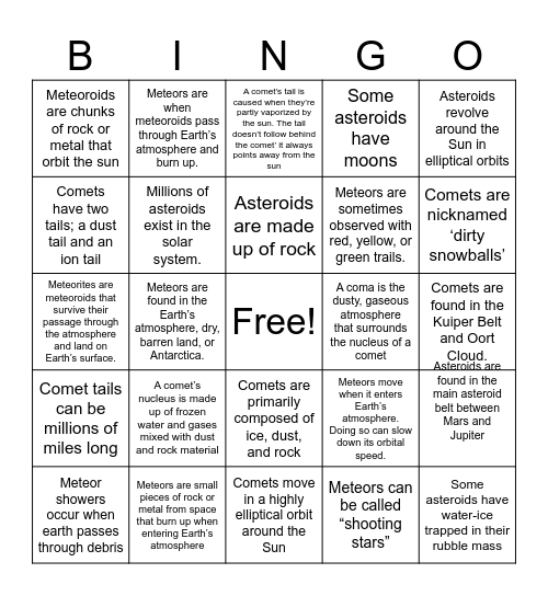 Asteroids, Meteors, and Comets Bingo Card