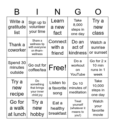 November Wellness Month Bingo Card