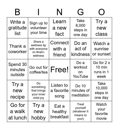 November Wellness Month Bingo Card