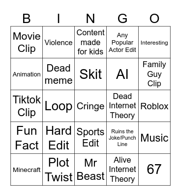Youtube Shorts Bingo Card