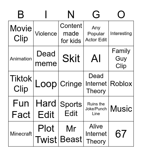 Youtube Shorts Bingo Card