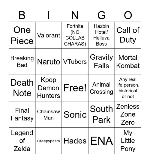 Halloween/Convention Fandom Cosplay Bingo Card