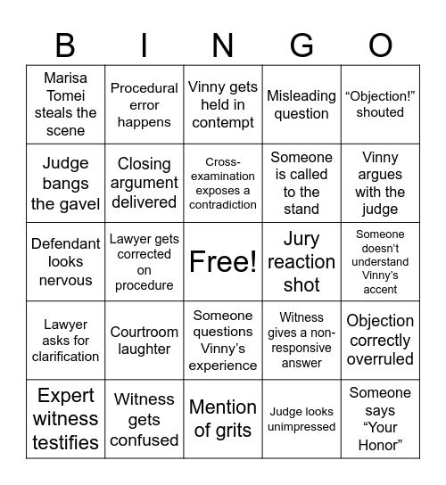 My Cousin Vinny Bingo Card