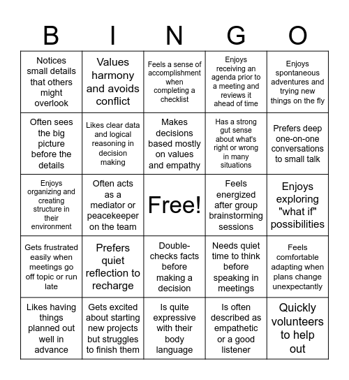MBTI Team BINGO Card