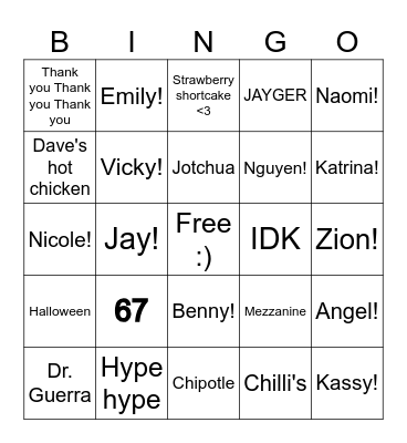 JAYGER BINGO!! Bingo Card