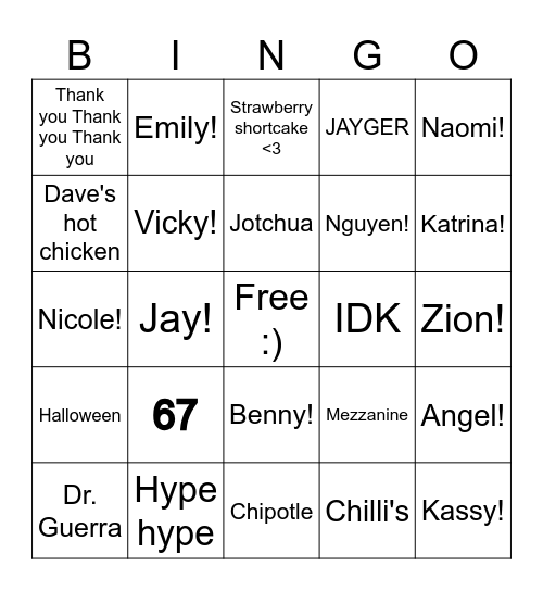 JAYGER BINGO!! Bingo Card