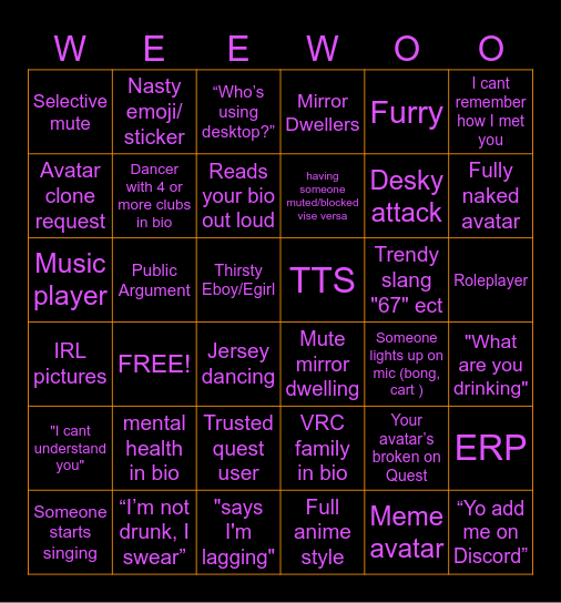WEEWOO Bingo Card