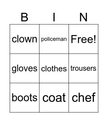 Unit 5 lesson 1 She's a clown Bingo Card