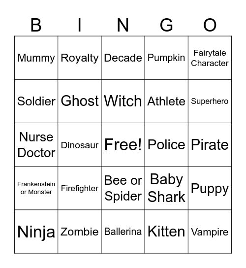 Halloween Costume BINGO Card