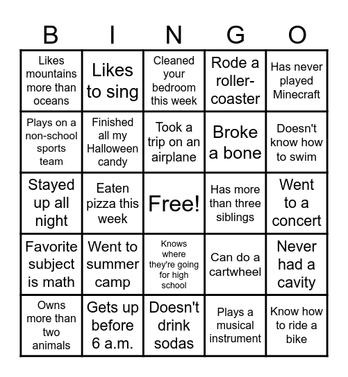 Classroom Bingo Card