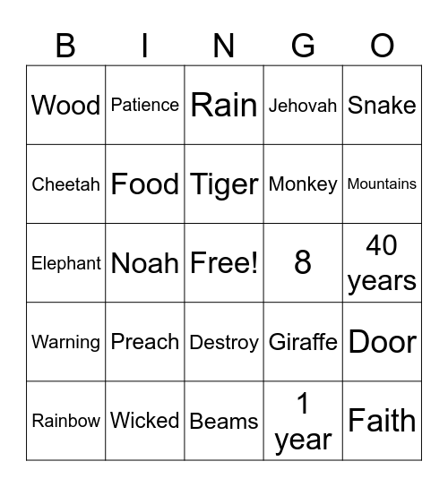 Noah’s Ark Bingo Card