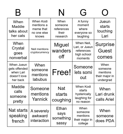 Take a shot when… Bingo Card