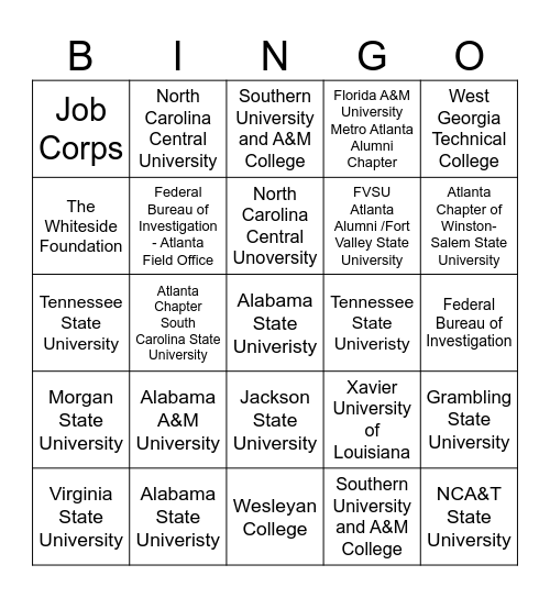 Girls and Boys with a Purpose College Fair Bingo Card