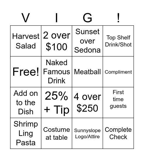 Vig Halloween Bingo Card