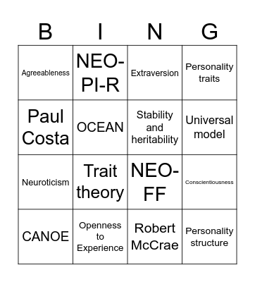 Big Five Model of Personality Bingo Card