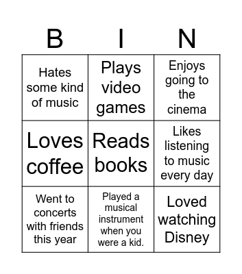 Entertainment bingo Card