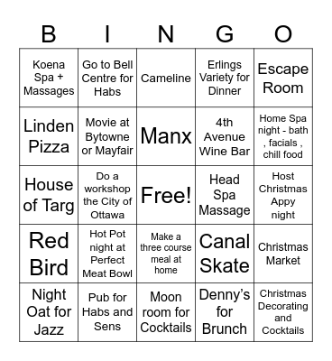 Fall and Winter Activities Bingo Card