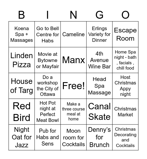 Fall and Winter Activities Bingo Card