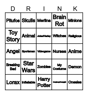 Costume Bingo Card
