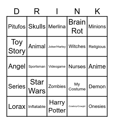 Costume Bingo Card