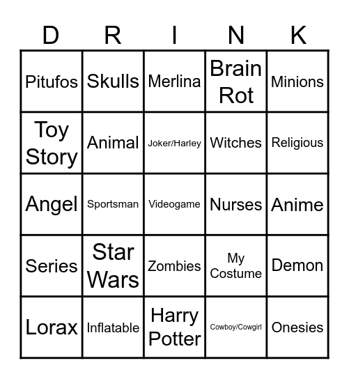 Costume Bingo Card