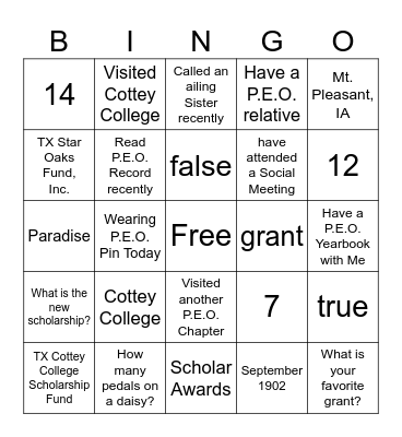 PEO BINGO Card