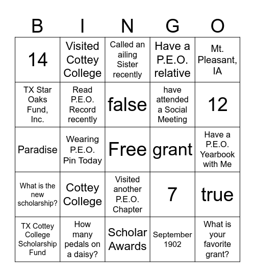 PEO BINGO Card