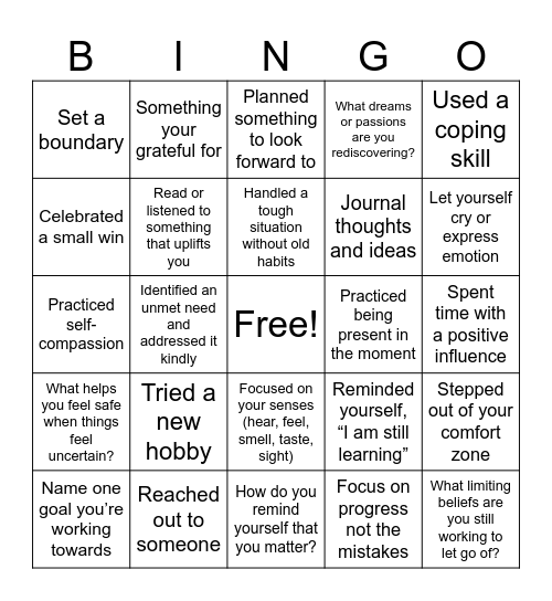 Recovery Bingo Card