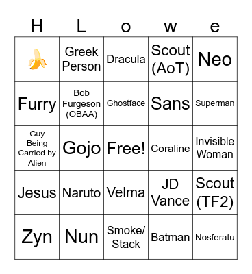 Costume Bingo Card