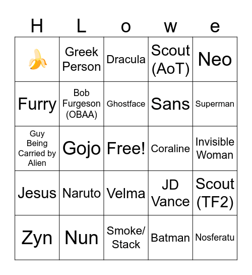 Costume Bingo Card
