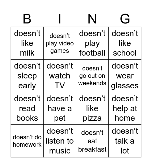 Find Someone Who Doesn't... Bingo Card