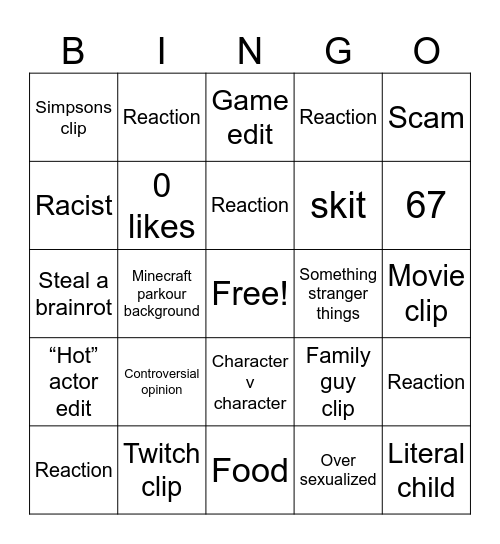 YouTube shorts Bingo Card