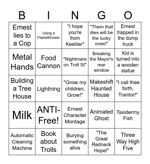 Ernest Scared Stupid - Round 1 Bingo Card