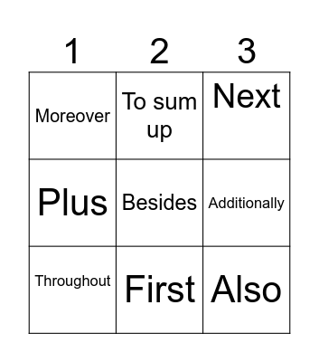 Linking Words Bingo Card