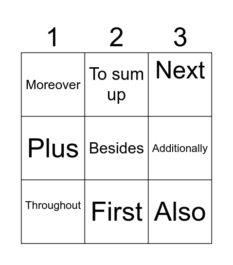 Linking Words Bingo Card