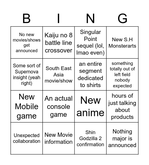 Godzilla Day 2025 bingo Card