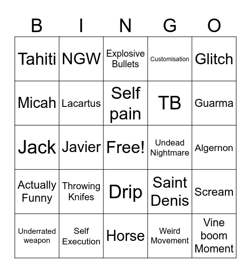 RDR Bingo Card