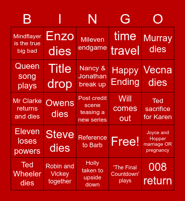 Stranger Things Season 5 Bingo Card