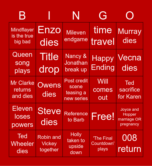 Stranger Things Season 5 Bingo Card