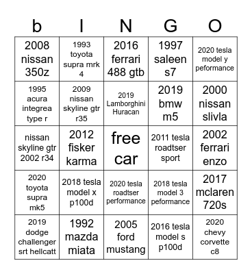 cars Bingo Card