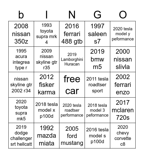 cars Bingo Card