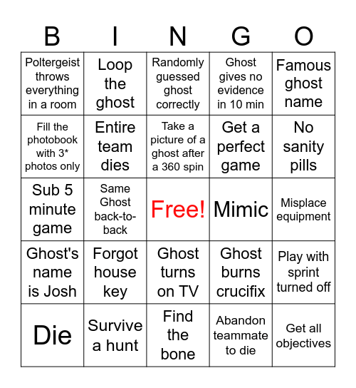 Phasmophobia Bingo Card