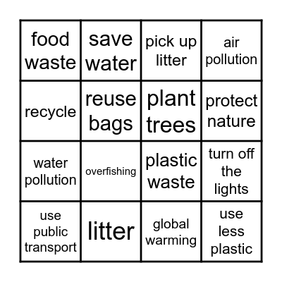 Lesson 9: Protecting the Environment Bingo Card