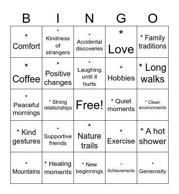 Things I Am Thankful For Bingo Card