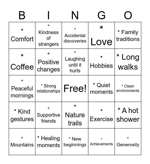 Things I Am Thankful For Bingo Card