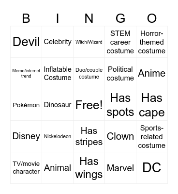 Halloween Costumes Bingo Card